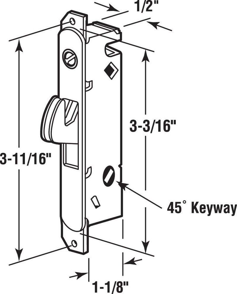 Sliding Glass Patio Door Lock, Mortise Type, 45 Degree Keyway, 3-11/16" Screw Holes